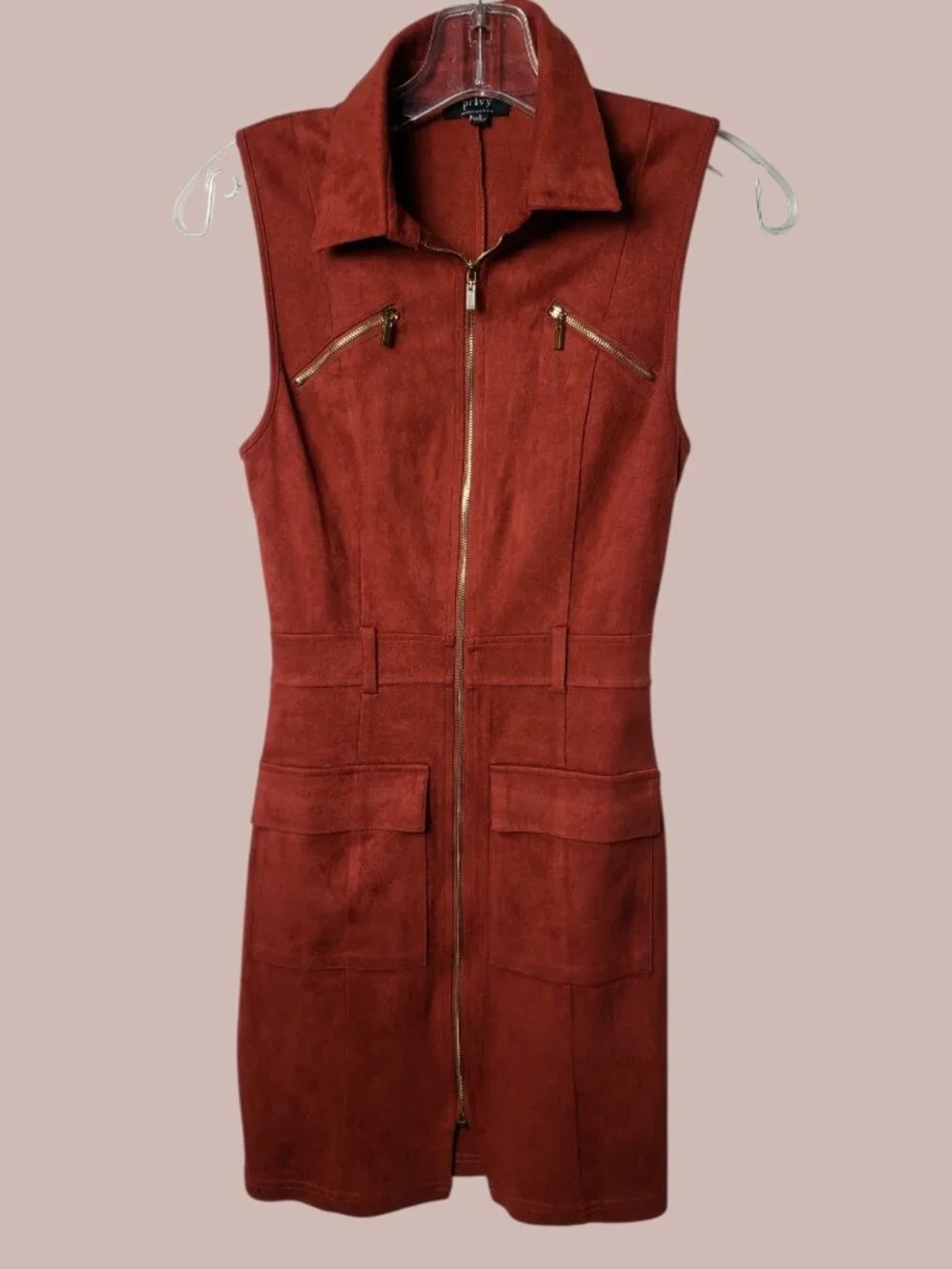 Privy Womens Sleeveless Suede Zip-Up Vest Dress W/Pockets Rust Red Small - Picture 2 of 12